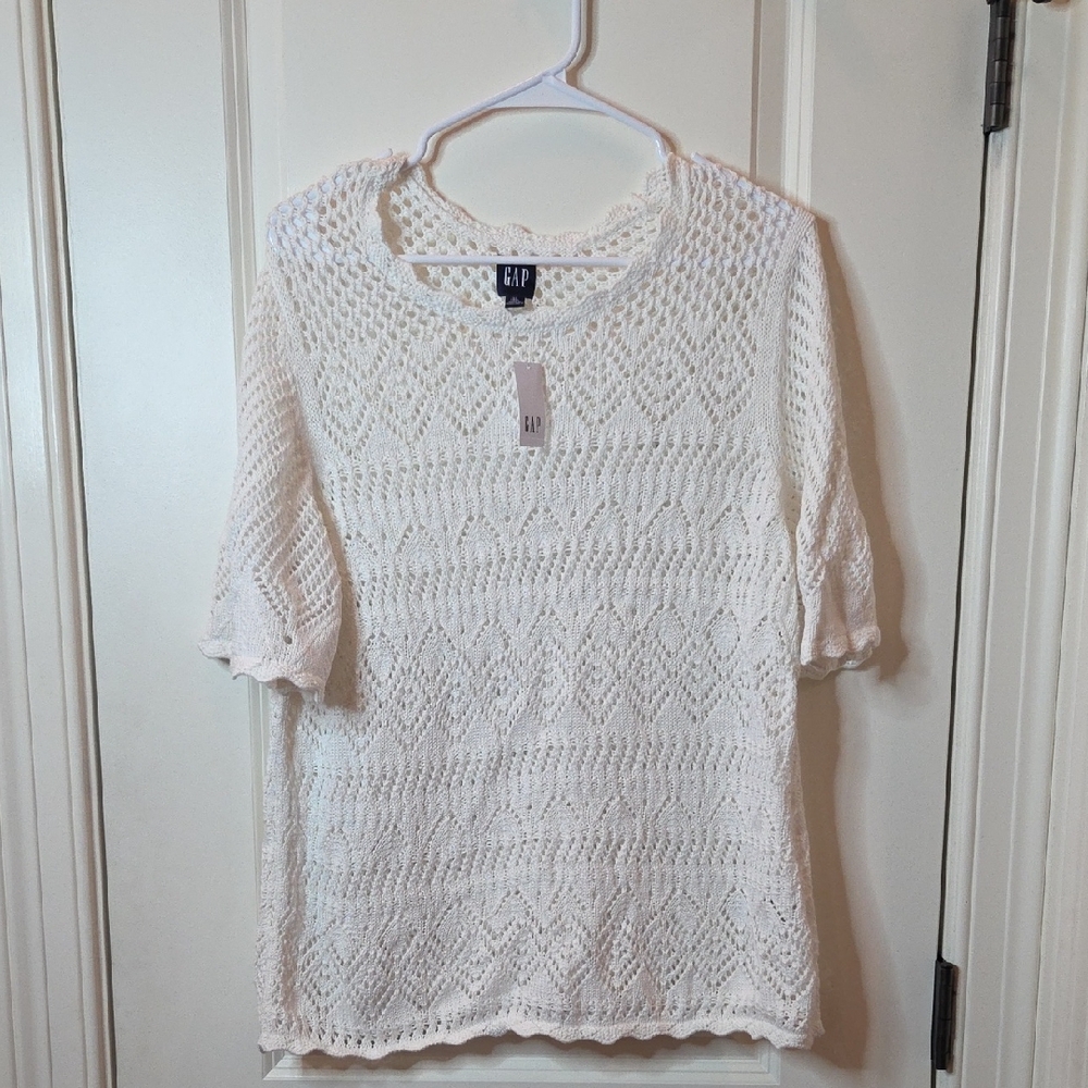 CLEARANCE GAP White Ribbed Blouse with Short Sleeves